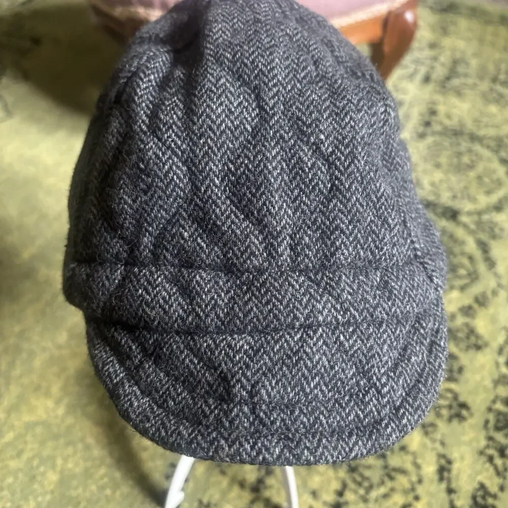Vtg Y2k Sheila Moon Wool Cycling Cap Hat Knitted Herringbone Gray Satin Lined L